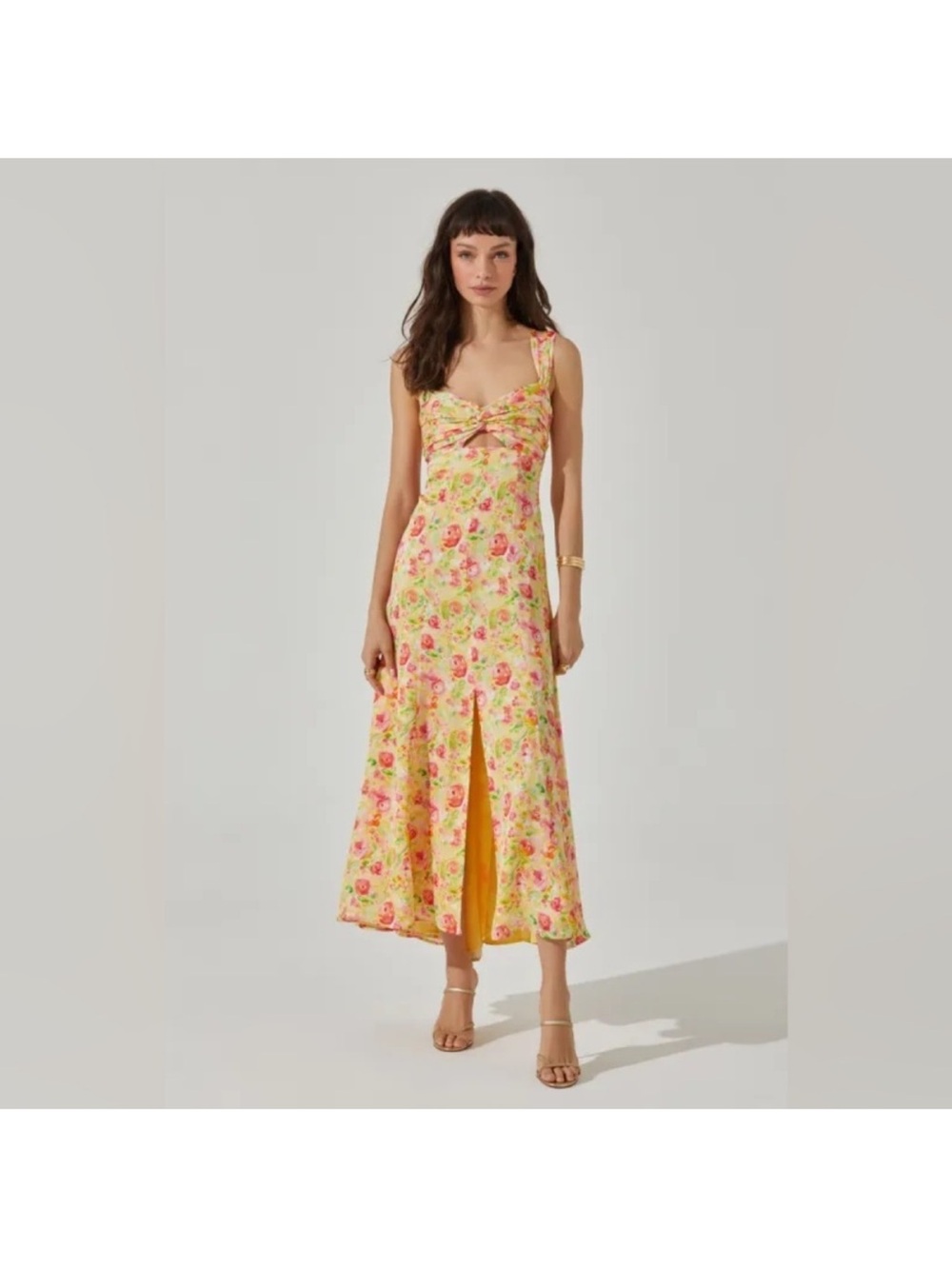 Astr Yellow Floral Midi Dress with Pink & Green Accents